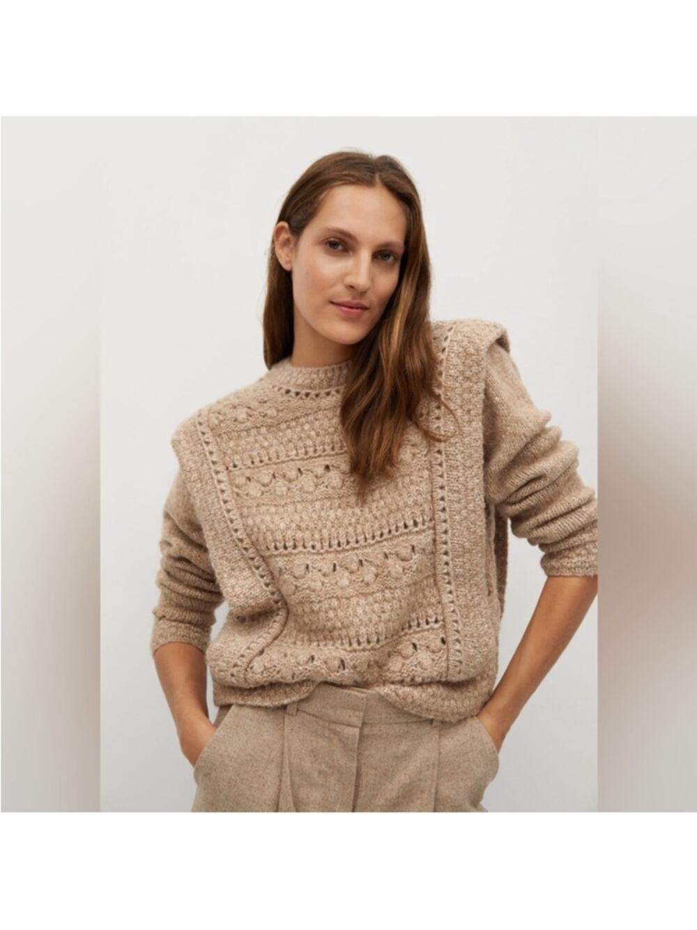 Mango Wool Blend Mix Knit Pom Pom Tan Sweater L